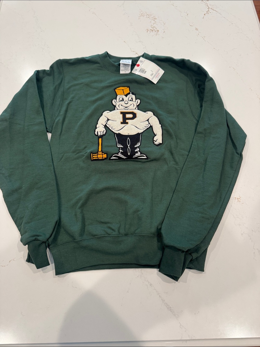 NWT Champion Men's Dark Green Crewneck Sweatshirt with Multicolor Mascot Patch